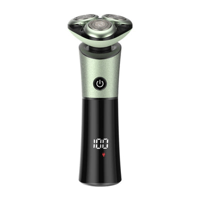 Rechargeable electric shaver with 3D floating head, black to blue-orange gradient, LED display, shown with charging cable, cleaning brush, and blade cover. - Image 17