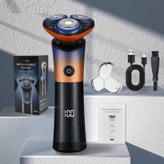 Rechargeable electric shaver with 3D floating head, black to blue-orange gradient, LED display, shown with charging cable, cleaning brush, and blade cover. - Image 19