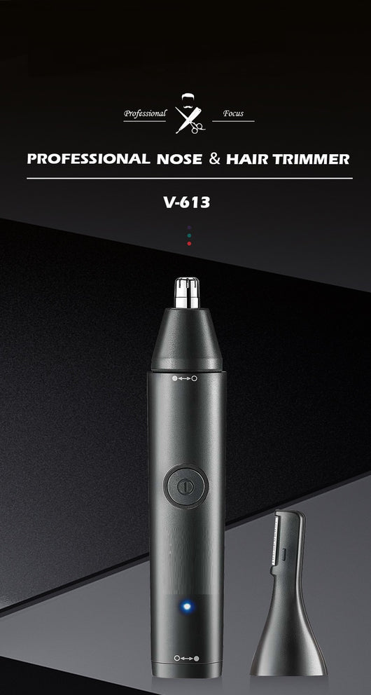 Black rechargeable 2-in-1 nose and eyebrow hair trimmer kit with USB cable, cleaning brush, and protective caps. - Image 18