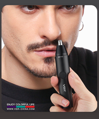 Black rechargeable 2-in-1 nose and eyebrow hair trimmer kit with USB cable, cleaning brush, and protective caps. - Image 20