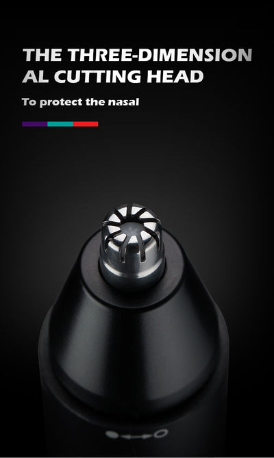 Black rechargeable 2-in-1 nose and eyebrow hair trimmer kit with USB cable, cleaning brush, and protective caps. - Image 22