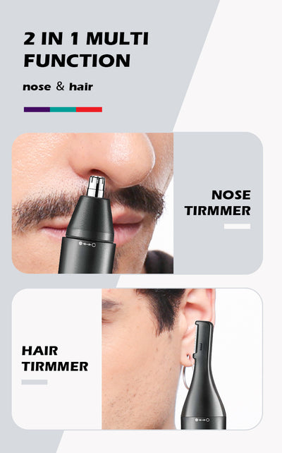 Black rechargeable 2-in-1 nose and eyebrow hair trimmer kit with USB cable, cleaning brush, and protective caps. - Image 23
