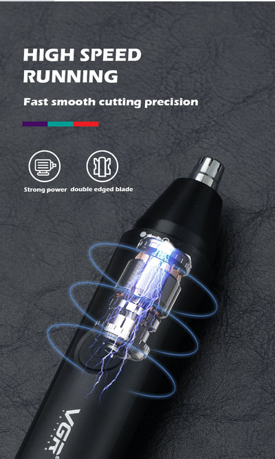 Black rechargeable 2-in-1 nose and eyebrow hair trimmer kit with USB cable, cleaning brush, and protective caps. - Image 24