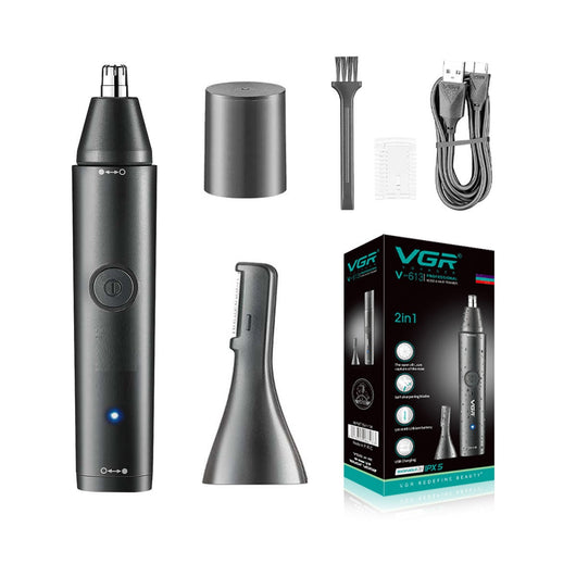 Black rechargeable 2-in-1 nose and eyebrow hair trimmer kit with USB cable, cleaning brush, and protective caps. - Image 28