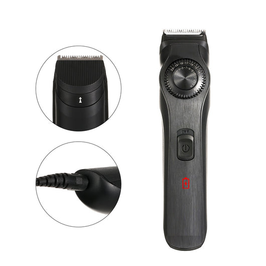 Black adjustable electric hair clipper with two guide combs, USB cable, oil, and cleaning brush, shown with its retail box. - Image 12