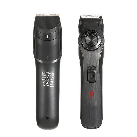 Black adjustable electric hair clipper with two guide combs, USB cable, oil, and cleaning brush, shown with its retail box. - Image 14