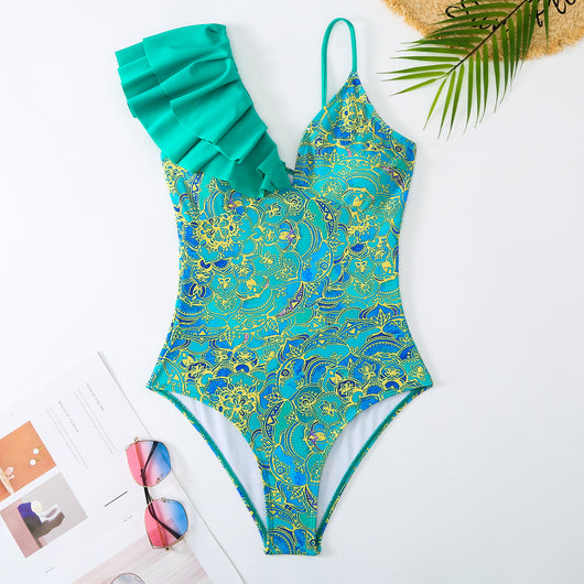 Women's one-shoulder ruffled swimsuit and matching sarong with blue and yellow lemon tile print. - Image 13
