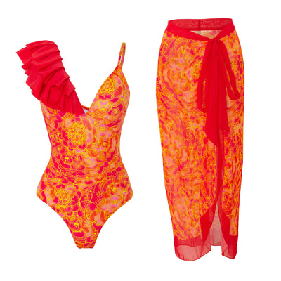 Women's one-shoulder ruffled swimsuit and matching sarong with blue and yellow lemon tile print. - Image 15