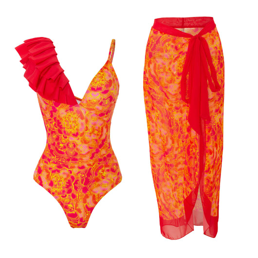 Women's one-shoulder ruffled swimsuit and matching sarong with blue and yellow lemon tile print. - Image 15