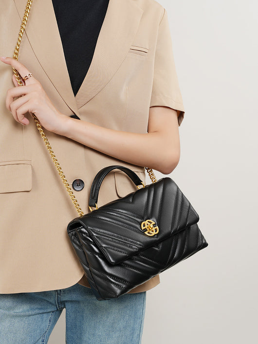 Bolso Mensajero de Cuero Vacuno con Cadena Diamante y Cierre Cuadrado - Image 19