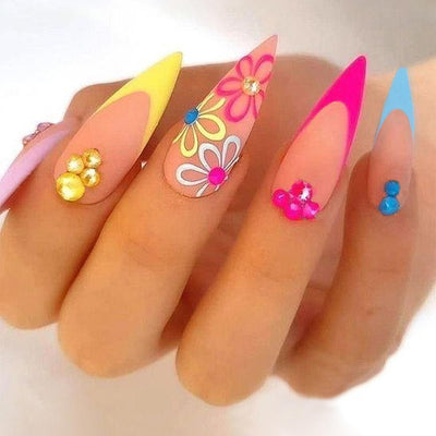 Uñas Francesas con Arcoíris y Cristales - Puntas Gota Brillante - Image 6
