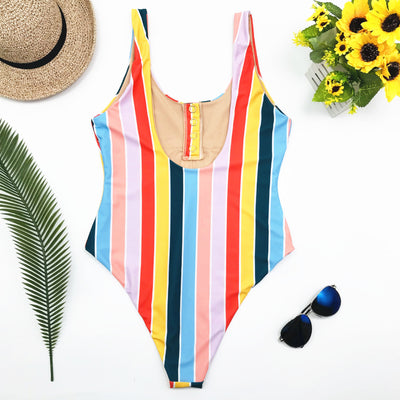 Colorful striped one-piece swimsuit with snap buttons, featuring pink, orange, yellow, green, and blue stripes. - Image 5