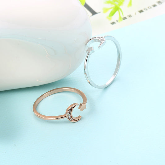 Anillo Abierto de Oro Rosado con Luna y Estrella para Mujer - Cristal Cubic Zirconia - Image 2