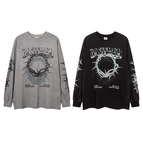 Playera Manga Larga Retro con Estampado de Letras Espinas para Hombre