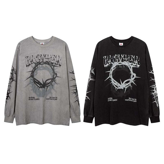 Playera Manga Larga Retro con Estampado de Letras Espinas para Hombre