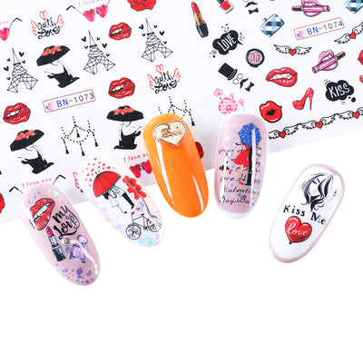 Set de Stickers de Uñas Adhesivas Diseño Osito Amor, Labios Rojos y Marca de Agua - Image 4