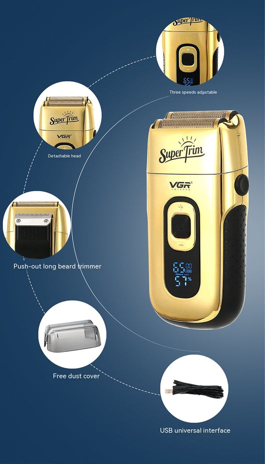 Gold digital display hair clipper and reciprocating shaver kit with extra foil head, cleaning brush, oil, and charging cable. - Image 7
