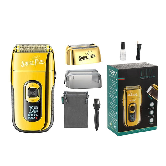 Gold digital display hair clipper and reciprocating shaver kit with extra foil head, cleaning brush, oil, and charging cable. - Image 13
