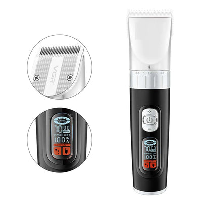 Black hair clipper with LCD digital display showing power and RPM, four guide combs (3mm-12mm), USB cable, cleaning brush, and oil bottle. - Image 9