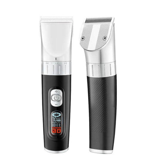 Black hair clipper with LCD digital display showing power and RPM, four guide combs (3mm-12mm), USB cable, cleaning brush, and oil bottle. - Image 13