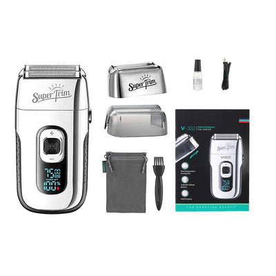 Gold digital display hair clipper and reciprocating shaver kit with extra foil head, cleaning brush, oil, and charging cable. - Image 18