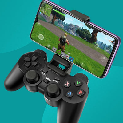 Black wireless Android gamepad with dual analog sticks, D-pad, and face buttons, shown with dimensions. - Image 9