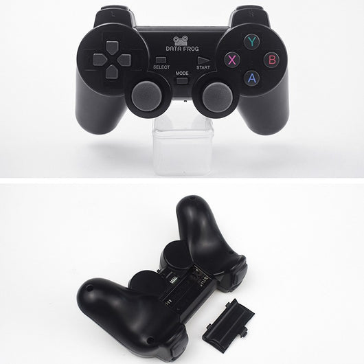 Black wireless Android gamepad with dual analog sticks, D-pad, and face buttons, shown with dimensions. - Image 11
