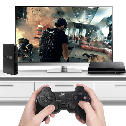 Black wireless Android gamepad with dual analog sticks, D-pad, and face buttons, shown with dimensions. - Image 12