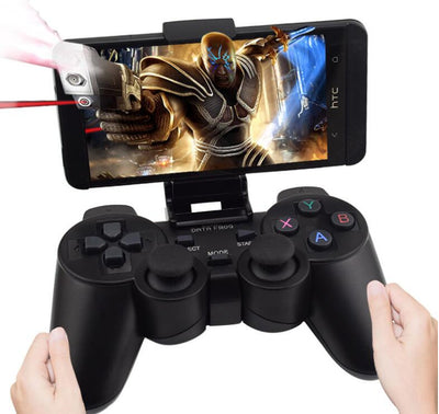 Black wireless Android gamepad with dual analog sticks, D-pad, and face buttons, shown with dimensions. - Image 13