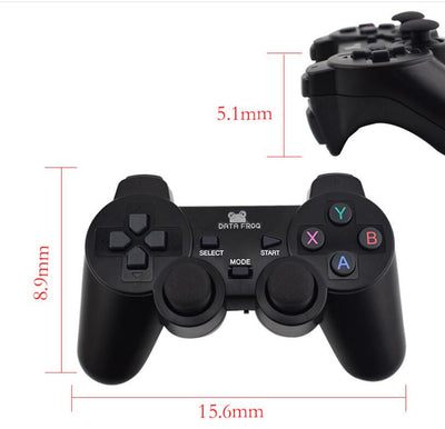 Black wireless Android gamepad with dual analog sticks, D-pad, and face buttons, shown with dimensions. - Image 14