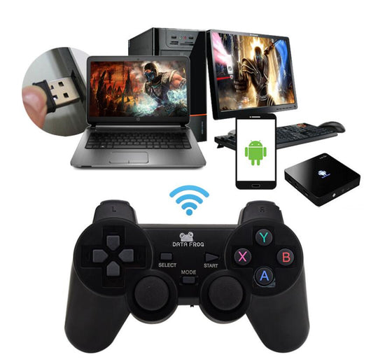 Black wireless Android gamepad with dual analog sticks, D-pad, and face buttons, shown with dimensions. - Image 15