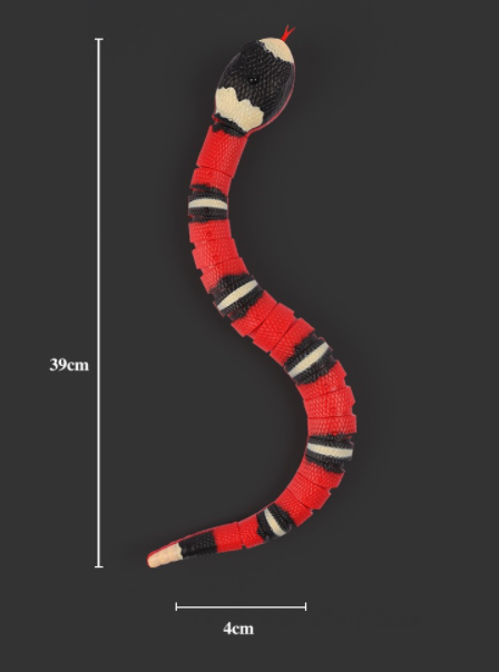 Red, black, and white electric induction snake toy for cats with a red tongue, next to a white USB charging cable. - Image 6