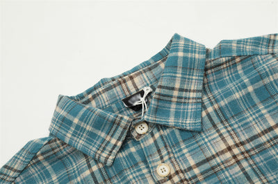 Camisa Polo Manga Larga Estilo Retro Americano a Cuadros con Borde Crudo - Image 8