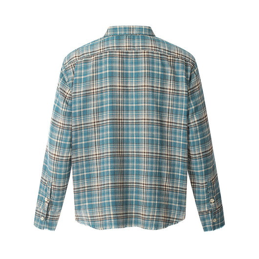 Camisa Polo Manga Larga Estilo Retro Americano a Cuadros con Borde Crudo - Image 18