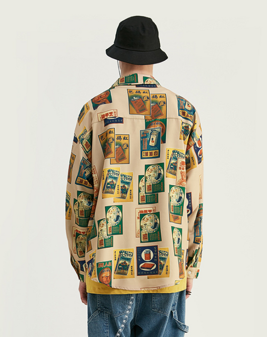 Camisa Estampado Cigarrillos Manga Larga Suelta para Hombre - Image 4