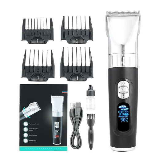 Black hair clipper with LCD digital display showing power and RPM, four guide combs (3mm-12mm), USB cable, cleaning brush, and oil bottle. - Image 14