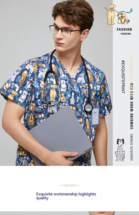 Uniforme Médico Veterinario Estampado Cuello V Flores Azul - Image 6