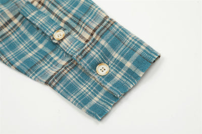 Camisa Polo Manga Larga Estilo Retro Americano a Cuadros con Borde Crudo - Image 28