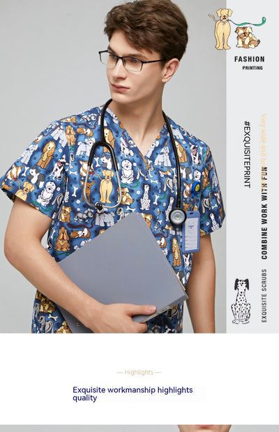 Uniforme Médico Veterinario Estampado Cuello V Flores Azul - Image 9