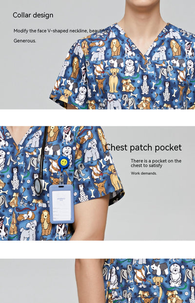 Uniforme Médico Veterinario Estampado Cuello V Flores Azul - Image 10