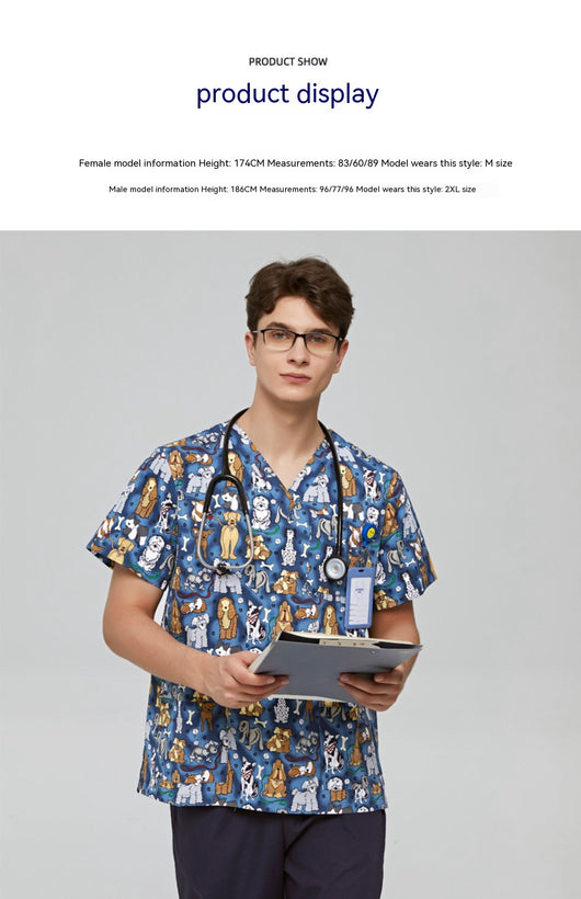 Uniforme Médico Veterinario Estampado Cuello V Flores Azul - Image 14