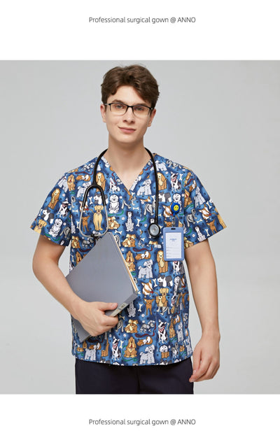 Uniforme Médico Veterinario Estampado Cuello V Flores Azul - Image 16