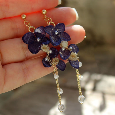 Aretes Colgantes de Hortensia Azul Marino Preservada con Borla Artesanal - Image 9