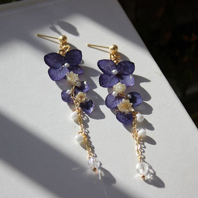 Aretes Colgantes de Hortensia Azul Marino Preservada con Borla Artesanal - Image 12