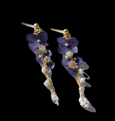 Aretes Colgantes de Hortensia Azul Marino Preservada con Borla Artesanal - Image 15