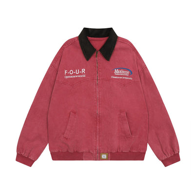 Chaqueta de Lona Retro con Cuello Solapa y Bordado de Alfabeto Americano - Image 33