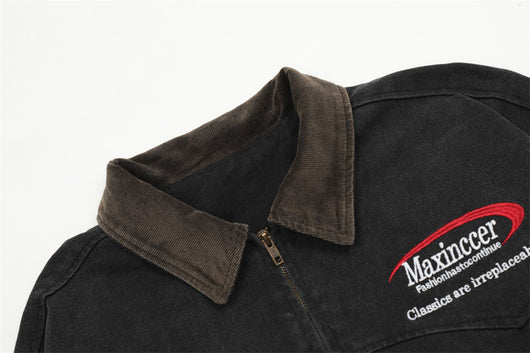 Chaqueta de Lona Retro con Cuello Solapa y Bordado de Alfabeto Americano - Image 39