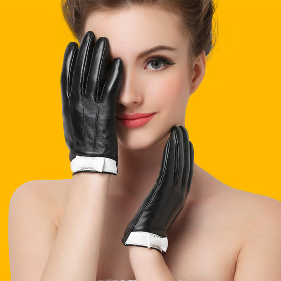 Guantes de Cuero para Mujer con Moño de Piel de Oveja