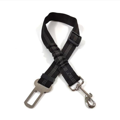 Black nylon automotive reflective webbing safety rope with a seatbelt buckle and a metal swivel snap hook. - Image 16