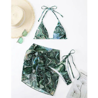Conjunto de Traje de Baño Bikini Tres Piezas con Falda de Gasa Teñida - Image 11